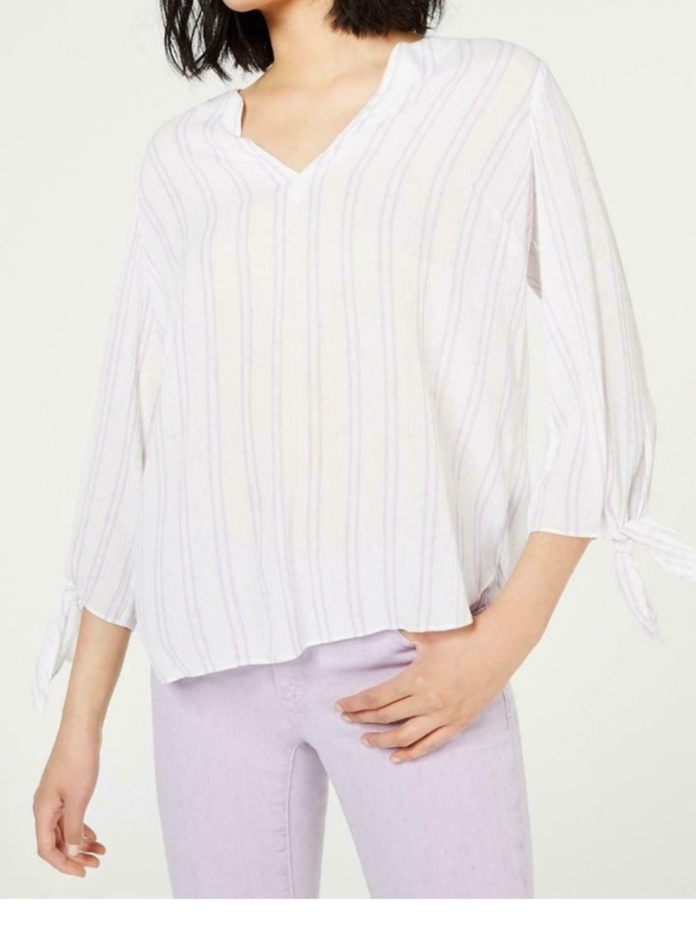 Lightweight White Stripe Tie-Sleeve V-Neck Top size XL lilac